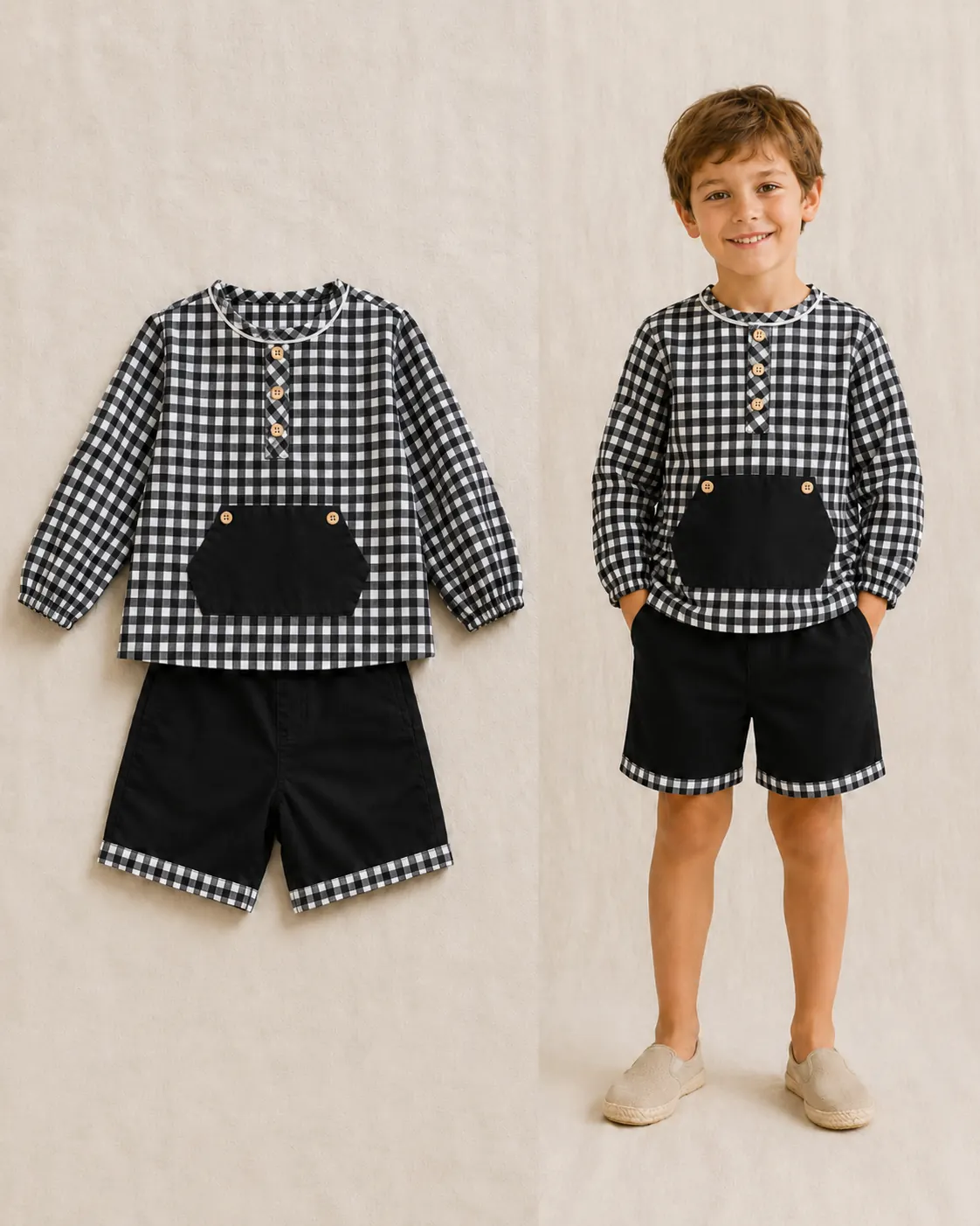 Conjunto infantil vichy negro para niño confeccionado artesanalmente